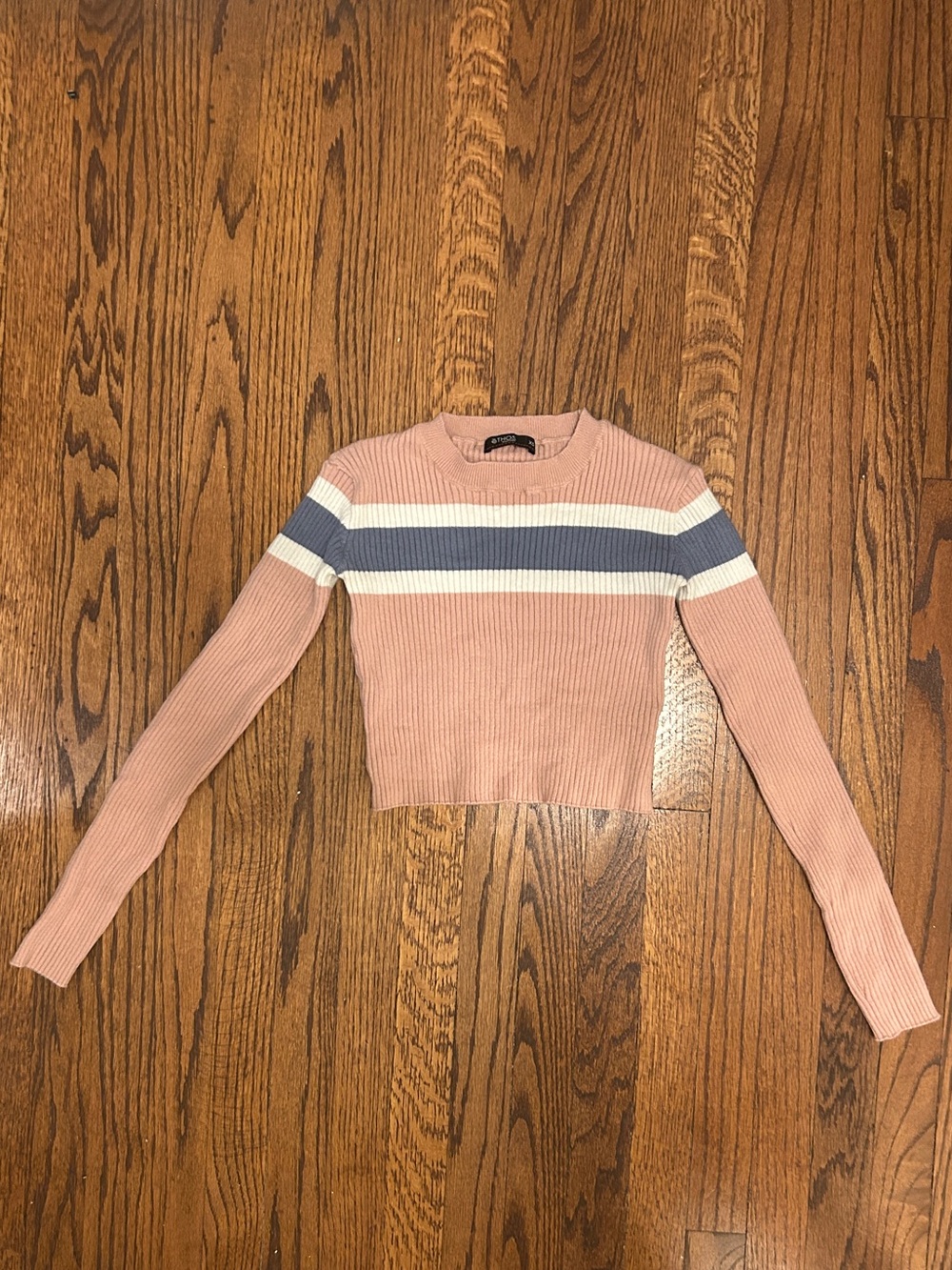 Dusty Pink Cropped Ribbed Crewneck Sweater with blue and white Stripes